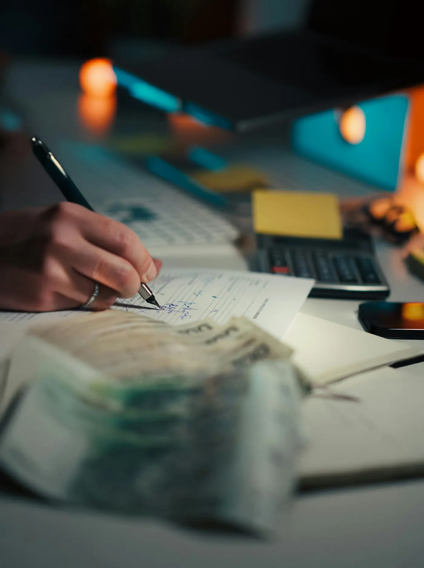 Escritura a mano en un cuaderno con calculadora y dinero en efectivo