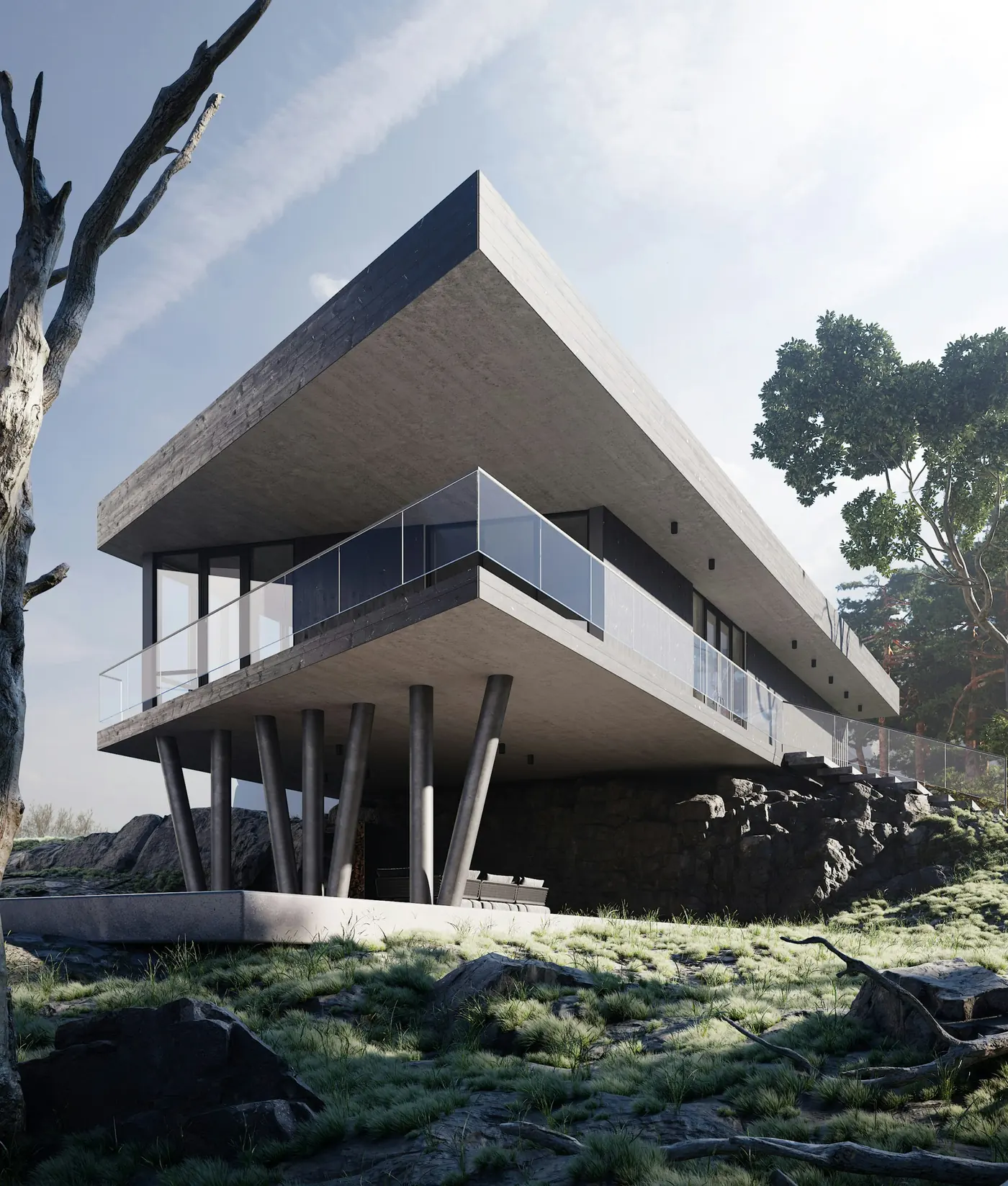 Casa moderna de hormigón sobre pilotes en medio de un paisaje rocoso y verde